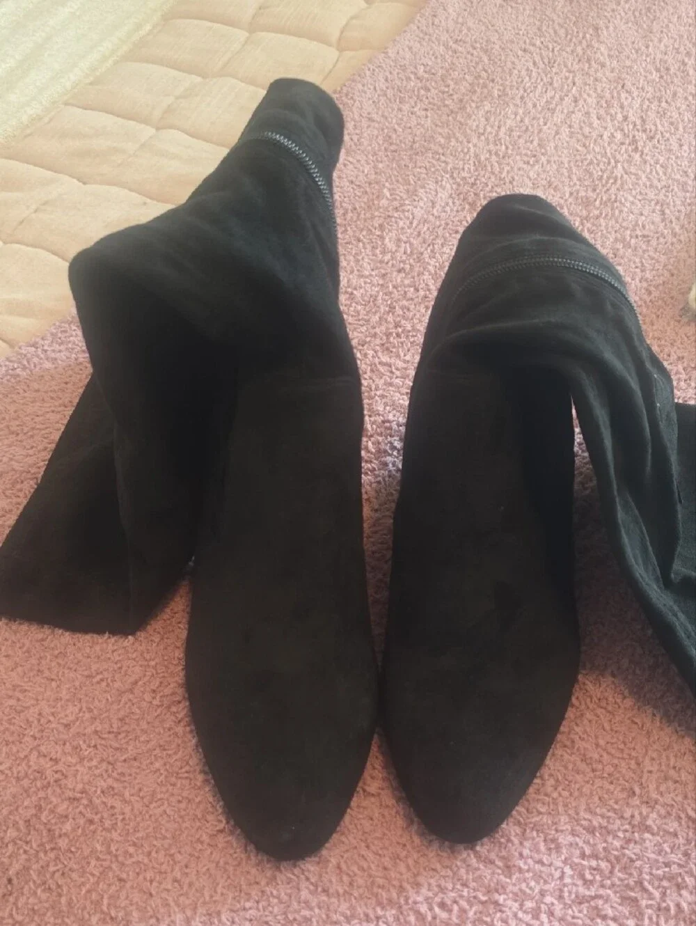 Black Suede Knee-High Block Heel Boots - Women Size 9 Wide Calf